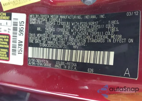 2012 Toyota Sienna Le V6 8 Passenger from USA, damaged, VIN 5TDKK3DC2CS238720